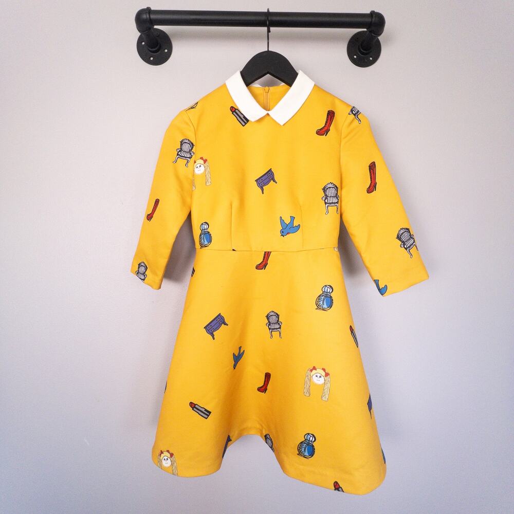 Rokit London Vintage Mustard Yellow Novelty Print Retro Mod Dress Flaws